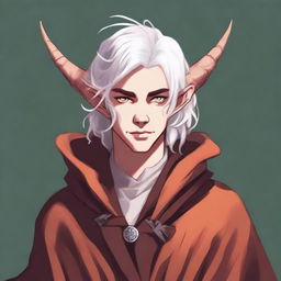 A high-quality digital art piece presents a young tiefling with fluffy, medium-length white hair styled half up, half down with curtain bangs