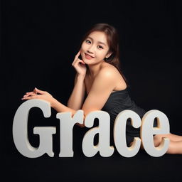 A beautiful Korean woman posing gracefully and attractively, sitting sideways while playfully glancing at the camera with a soft and cute smile
