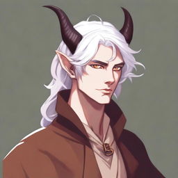 A high-quality digital art piece presents a young tiefling with fluffy, medium-length white hair styled half up, half down with curtain bangs