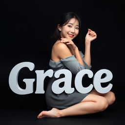 A beautiful Korean woman posing gracefully and attractively, sitting sideways while playfully glancing at the camera with a soft and cute smile