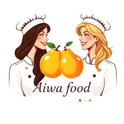 A logo design featuring two women chefs, one with dark brown hair and brown eyes, and the other with blonde hair and blue eyes, standing side by side