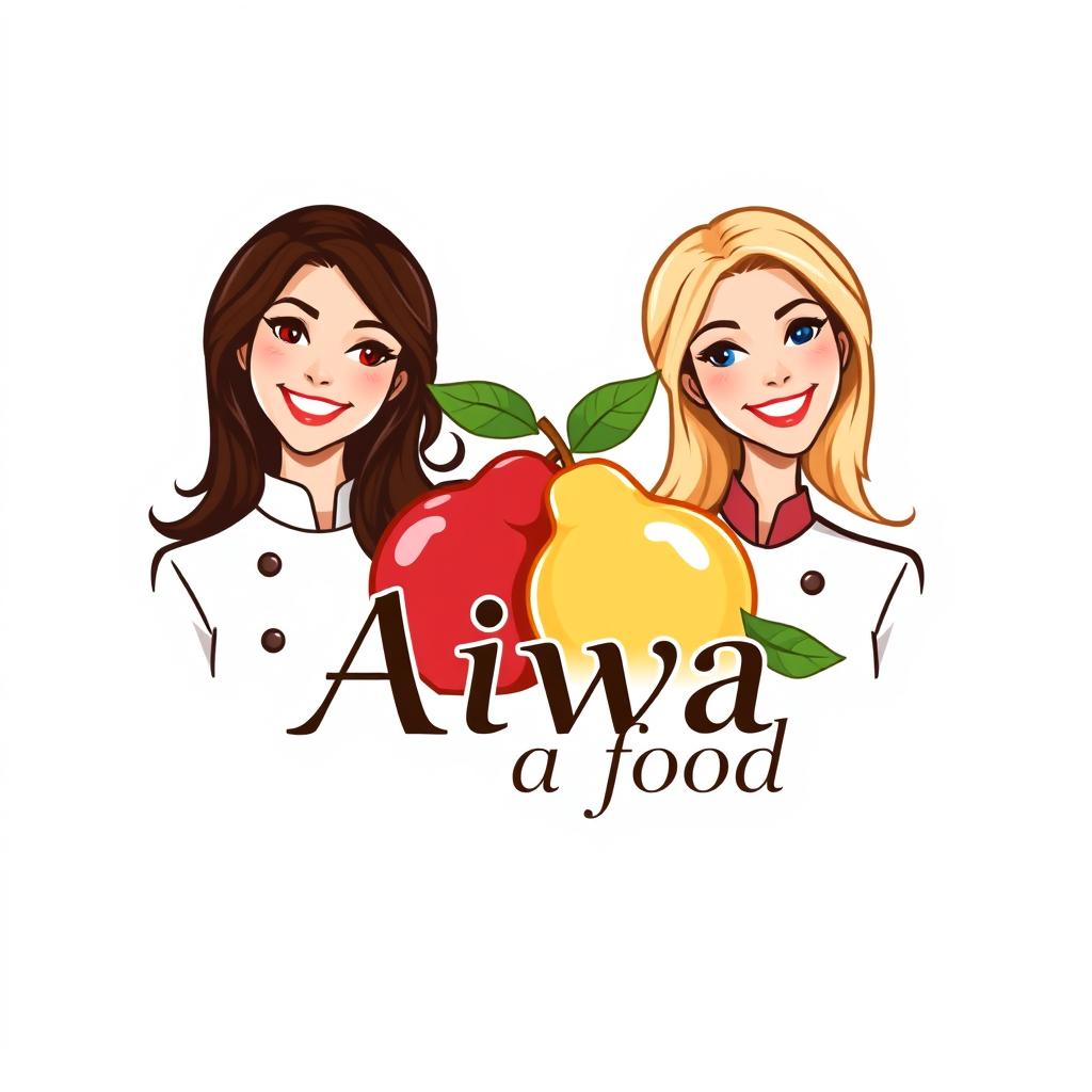 A logo design featuring two women chefs, one with dark brown hair and brown eyes, and the other with blonde hair and blue eyes, standing side by side