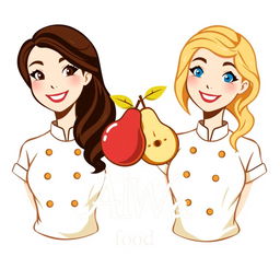 A logo design featuring two women chefs, one with dark brown hair and brown eyes, and the other with blonde hair and blue eyes, standing side by side
