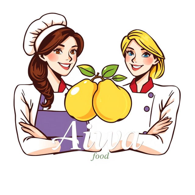 A logo design featuring two women chefs, one with dark brown hair and brown eyes, and the other with blonde hair and blue eyes, standing side by side