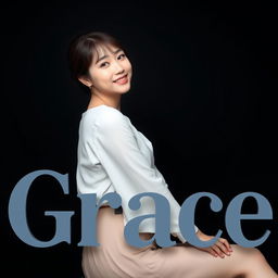 A beautiful Korean woman posing gracefully and attractively, sitting sideways while glancing at the camera with a soft and cute smile