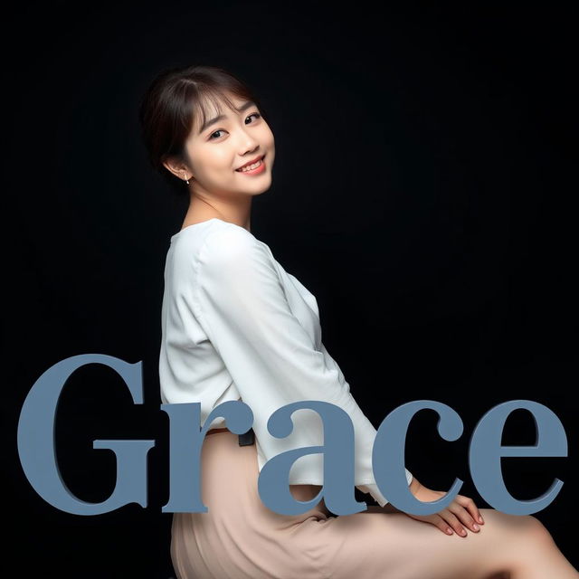 A beautiful Korean woman posing gracefully and attractively, sitting sideways while glancing at the camera with a soft and cute smile