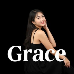 A beautiful Korean woman posing gracefully and attractively, sitting sideways while glancing at the camera with a soft and cute smile