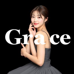 A beautiful Korean woman posing gracefully and attractively, sitting sideways while glancing at the camera with a soft and cute smile
