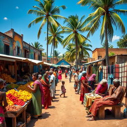 A vibrant and bustling marketplace in a third world country, filled with colorful stalls selling fresh fruits, handmade crafts, and textiles