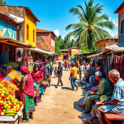 A vibrant and bustling marketplace in a third world country, filled with colorful stalls selling fresh fruits, handmade crafts, and textiles