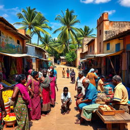 A vibrant and bustling marketplace in a third world country, filled with colorful stalls selling fresh fruits, handmade crafts, and textiles