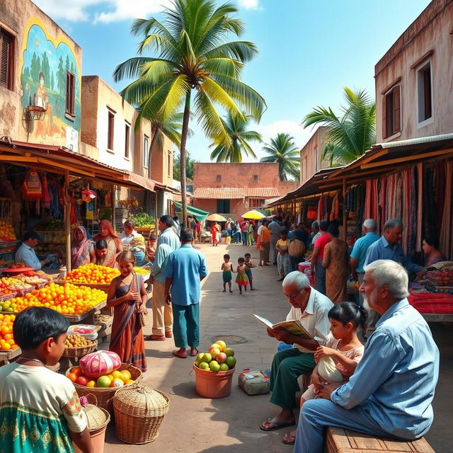 A vibrant and bustling marketplace in a third world country, filled with colorful stalls selling fresh fruits, handmade crafts, and textiles