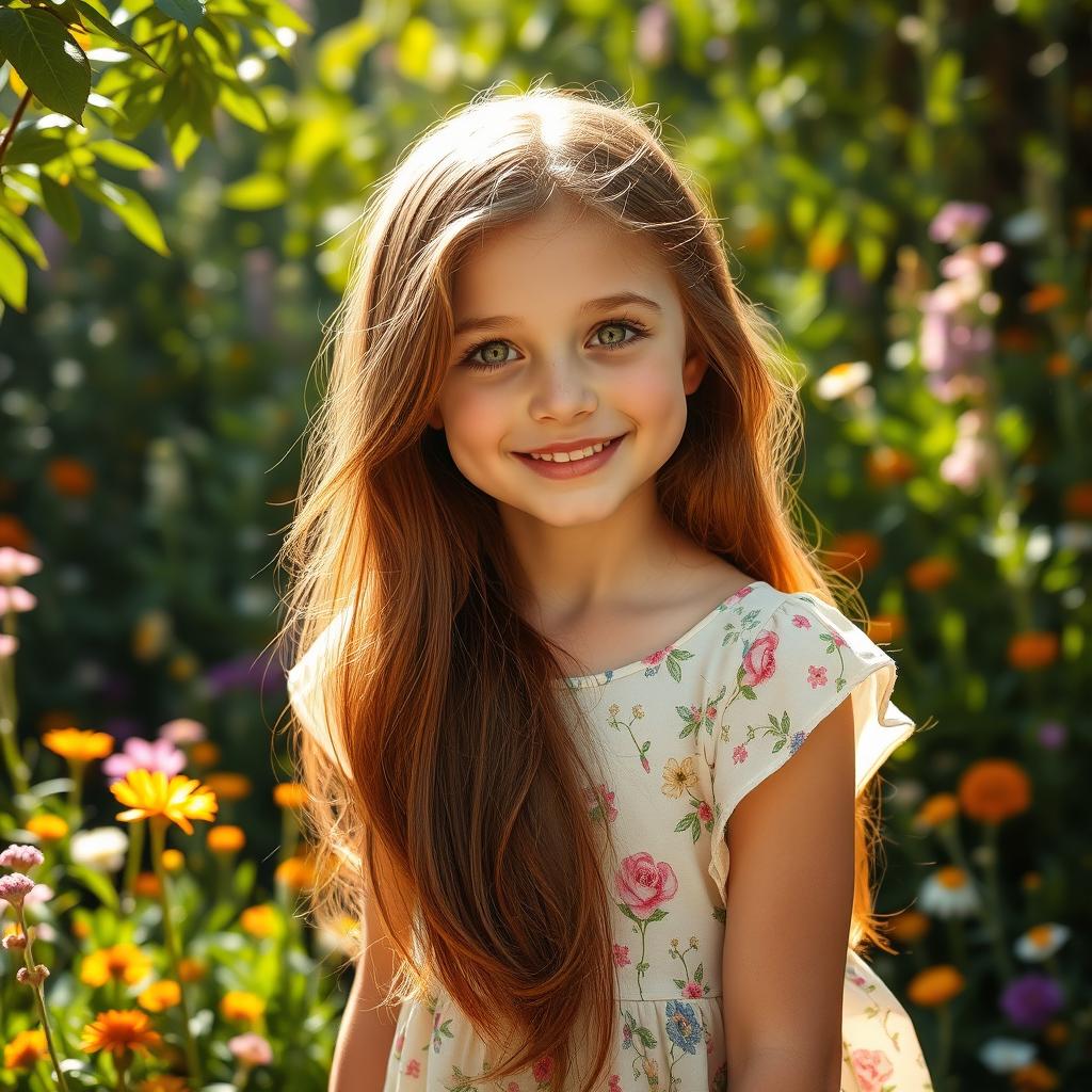 A beautiful girl with long, flowing chestnut hair and sparkling green eyes