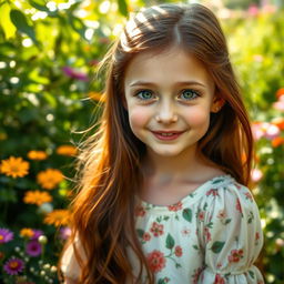A beautiful girl with long, flowing chestnut hair and sparkling green eyes