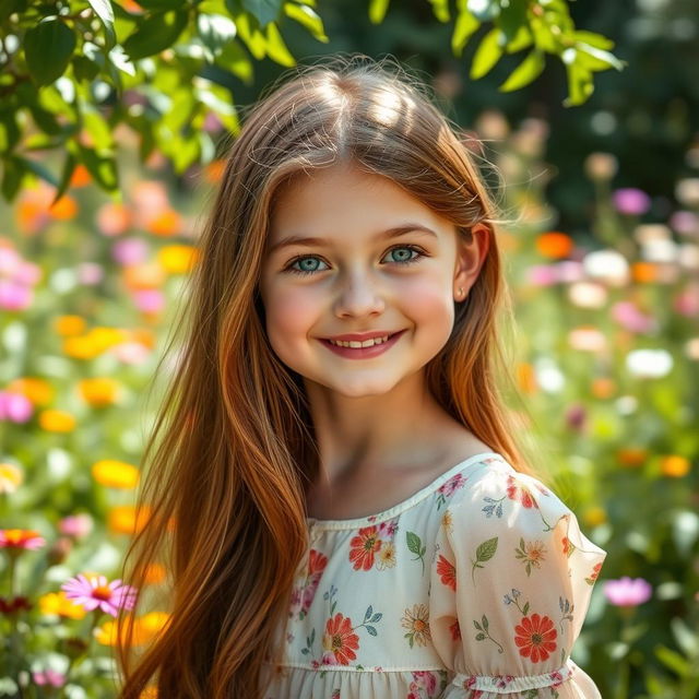A beautiful girl with long, flowing chestnut hair and sparkling green eyes