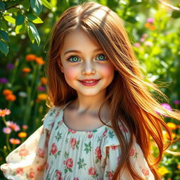 A beautiful girl with long, flowing chestnut hair and sparkling green eyes