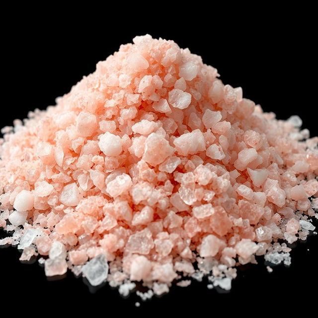 A close-up image of a mound of pink salt with large and medium-sized, crystal-clear grains