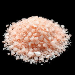 A close-up image of a mound of pink salt with large and medium-sized, crystal-clear grains
