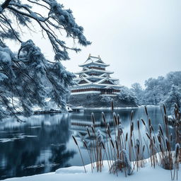 A stunning winter landscape featuring a majestic Japanese castle seen from across a serene river