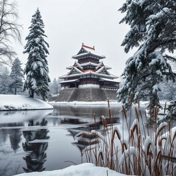 A stunning winter landscape featuring a majestic Japanese castle seen from across a serene river