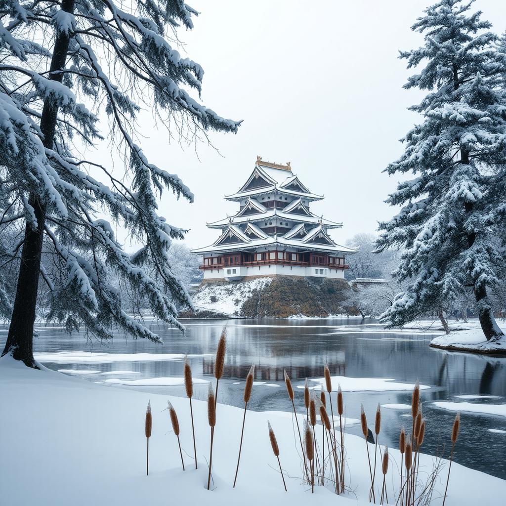 A stunning winter landscape featuring a majestic Japanese castle seen from across a serene river