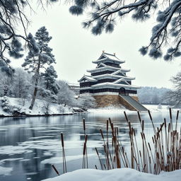 A stunning winter landscape featuring a majestic Japanese castle seen from across a serene river