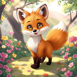 A cute and charming fox with fluffy fur, large bright eyes, and a playful expression, standing in a whimsical forest filled with colorful flowers and lush greenery