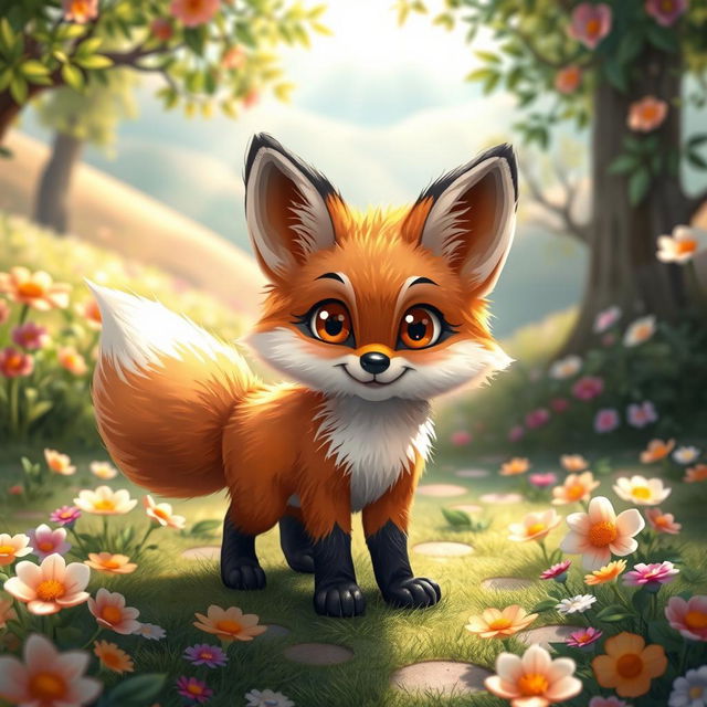 A cute and charming fox with fluffy fur, large bright eyes, and a playful expression, standing in a whimsical forest filled with colorful flowers and lush greenery