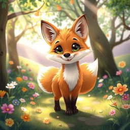 A cute and charming fox with fluffy fur, large bright eyes, and a playful expression, standing in a whimsical forest filled with colorful flowers and lush greenery