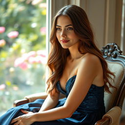 A portrait of a young woman with long, flowing brunette hair, sitting gracefully on a vintage armchair