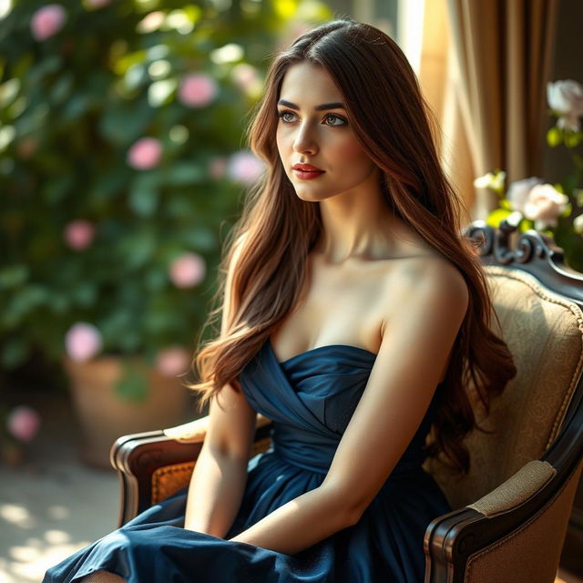 A portrait of a young woman with long, flowing brunette hair, sitting gracefully on a vintage armchair