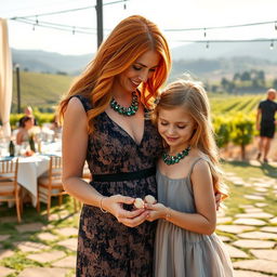 A beautifully crafted scene featuring Esme, a stylish event manager with long auburn hair, dressed elegantly in a classy dress with an emerald necklace that sparkles softly