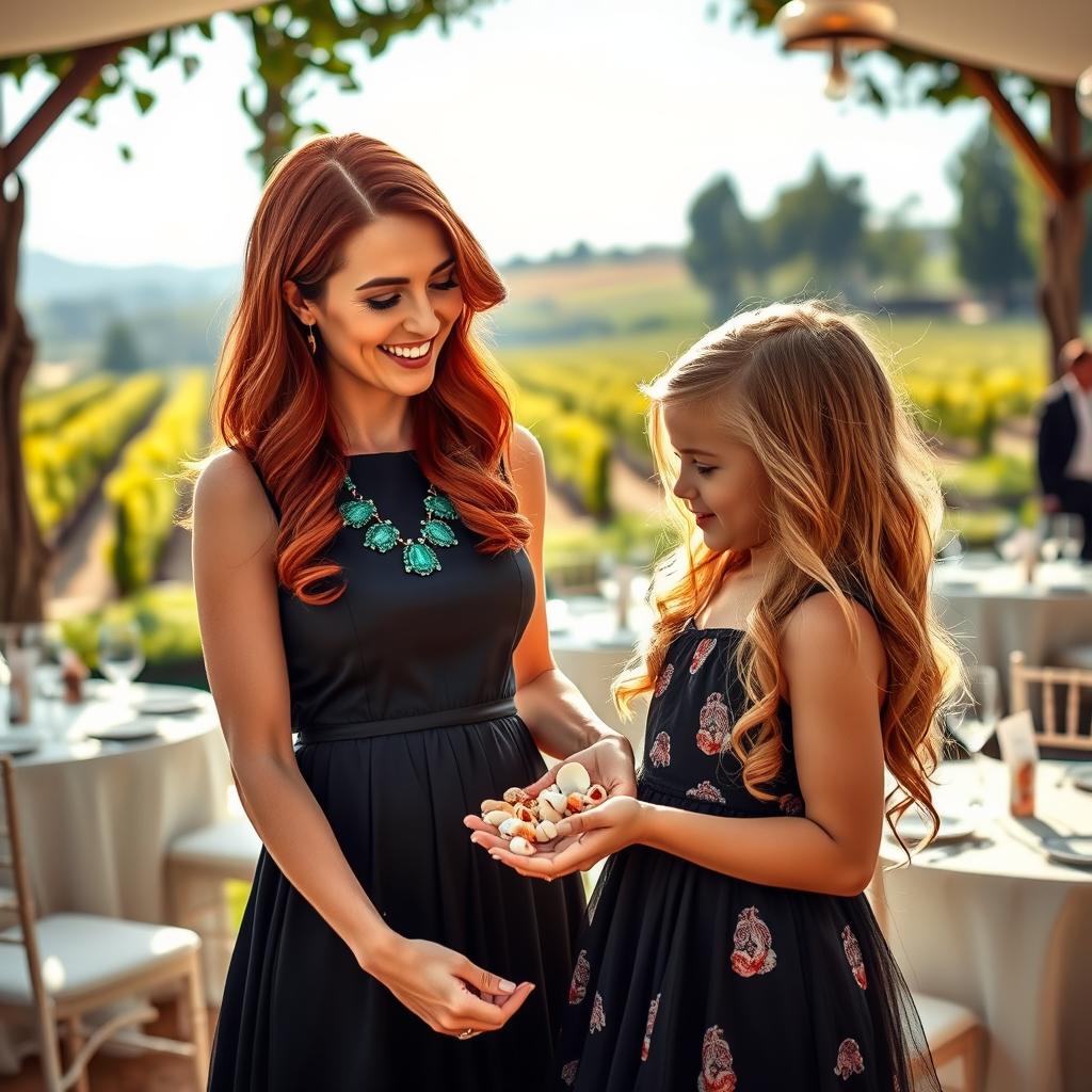 A beautifully crafted scene featuring Esme, a stylish event manager with long auburn hair, dressed elegantly in a classy dress with an emerald necklace that sparkles softly