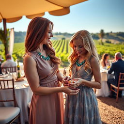 A beautifully crafted scene featuring Esme, a stylish event manager with long auburn hair, dressed elegantly in a classy dress with an emerald necklace that sparkles softly