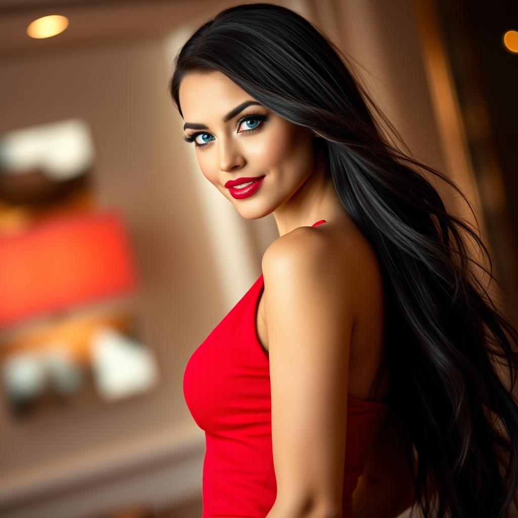 A stunning sexy girl with long flowing dark hair, wearing a stylish, form-fitting red dress that accentuates her curves