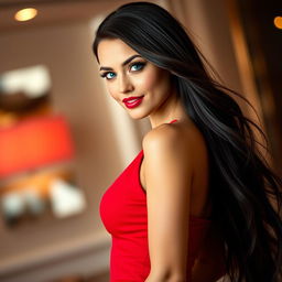 A stunning sexy girl with long flowing dark hair, wearing a stylish, form-fitting red dress that accentuates her curves