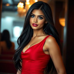 A stunning sexy girl with long flowing dark hair, wearing a stylish, form-fitting red dress that accentuates her curves
