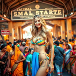 A stunning female model with long blonde hair wearing a colorful strapless bikini, confidently posing outside a bustling Indian railway station