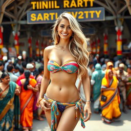 A stunning female model with long blonde hair wearing a colorful strapless bikini, confidently posing outside a bustling Indian railway station
