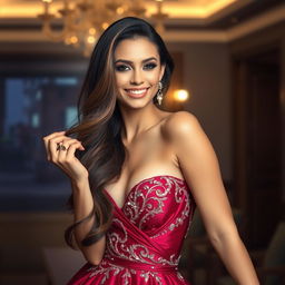 A glamorous young woman in a stunning evening gown, exuding confidence and allure