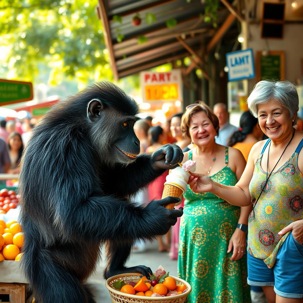 A strong, black-furred monkey playfully competing for an ice cream treat with a group of cheerful middle-aged mothers in colorful dresses and fathers in tank tops and shorts at a bustling market