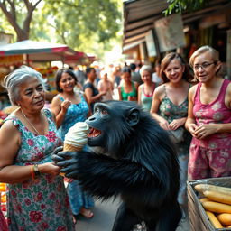 A strong, black-furred monkey playfully competing for an ice cream treat with a group of cheerful middle-aged mothers in colorful dresses and fathers in tank tops and shorts at a bustling market
