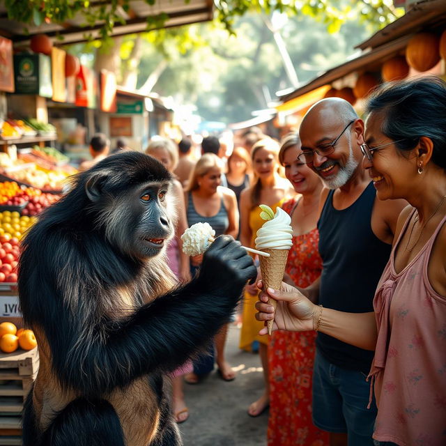 A strong, black-furred monkey playfully competing for an ice cream treat with a group of cheerful middle-aged mothers in colorful dresses and fathers in tank tops and shorts at a bustling market