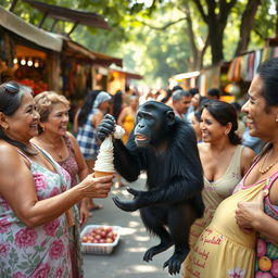 A strong, black-furred monkey playfully competing for an ice cream treat with a group of cheerful middle-aged mothers in colorful dresses and fathers in tank tops and shorts at a bustling market