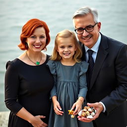 A charming family portrait featuring three members: Esme, the mother with striking red hair, dressed in a classy and elegant outfit, adorned with a necklace that features a stunning emerald pendant
