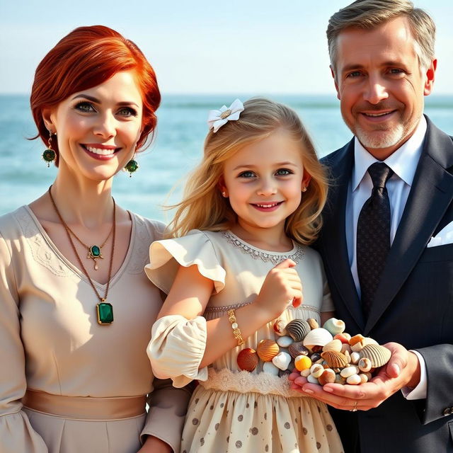 A charming family portrait featuring three members: Esme, the mother with striking red hair, dressed in a classy and elegant outfit, adorned with a necklace that features a stunning emerald pendant