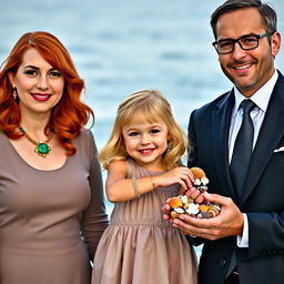 A charming family portrait featuring three members: Esme, the mother with striking red hair, dressed in a classy and elegant outfit, adorned with a necklace that features a stunning emerald pendant