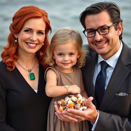 A charming family portrait featuring three members: Esme, the mother with striking red hair, dressed in a classy and elegant outfit, adorned with a necklace that features a stunning emerald pendant