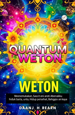 A vibrant and engaging book cover for the title 'Quantum Weton: Menemukan Kunci Hari Baik Anda untuk Hidup Sehat, Bahagia, dan Kaya'