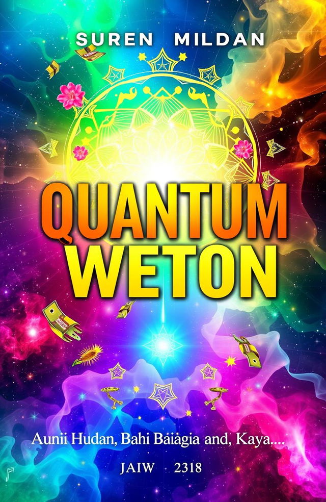 A vibrant and engaging book cover for the title 'Quantum Weton: Menemukan Kunci Hari Baik Anda untuk Hidup Sehat, Bahagia, dan Kaya'